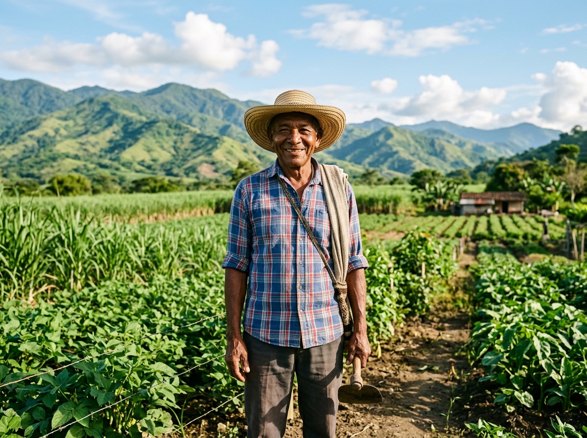 Campesino del Valle del Cauca sonriendo en su parcela agrícola familiar