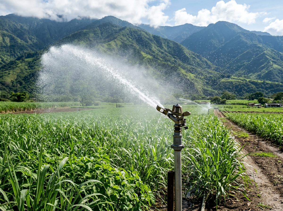Aspersor lanzando lluvia fina sobre un cultivo verde en el Valle del Cauca