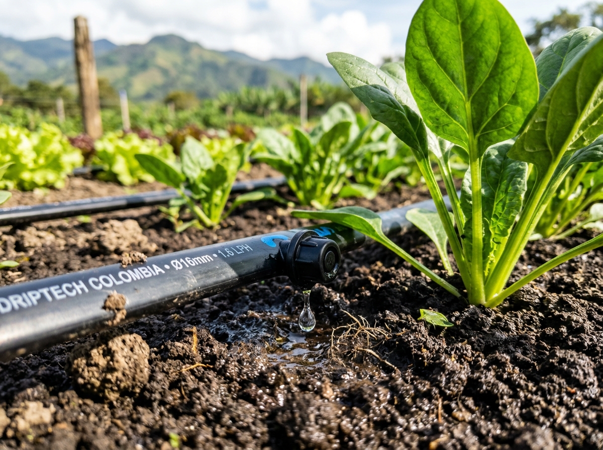 Sistema de riego por goteo con gota saliendo hacia la raíz de las plantas