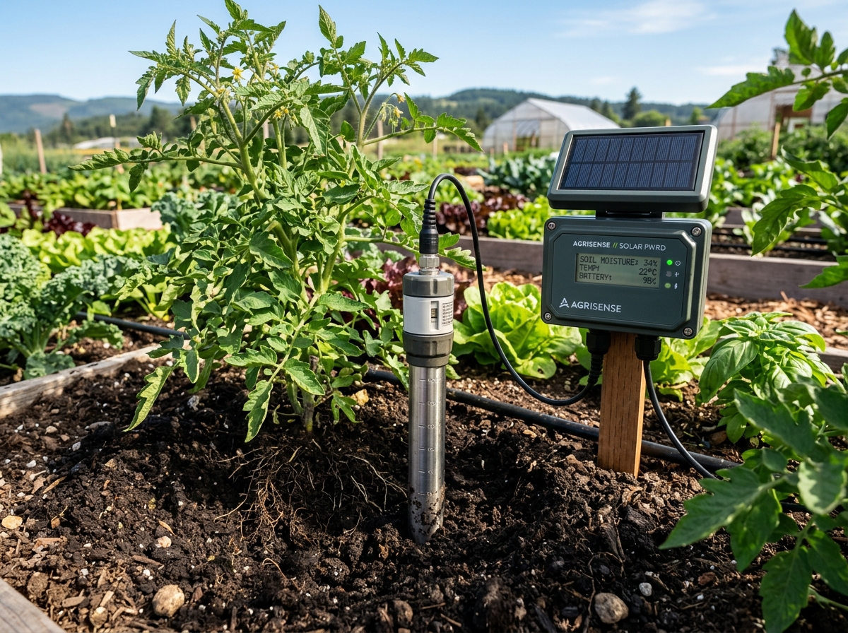 Sonda con sensor de humedad enterrada en tierra fértil con panel solar