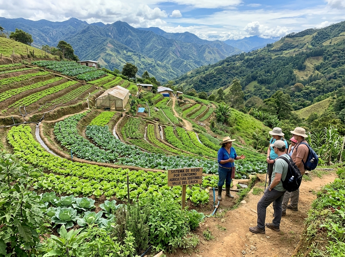 Cultivos en ladera de montaña con terrazas en Valle del Cauca